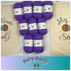 May include: Eight purple yarn skeins in a white drawstring bag with the text "My Kinda String" and "Fairy Berry" on the bag.