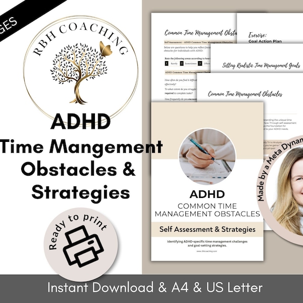 ADHD Therapy Worksheets - Common Time Management Obstacles - Self Assessment Strategies Workbook-Mental Health-Therapy Tools-PDF Printable