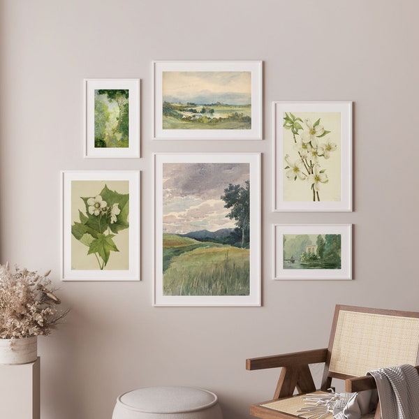 Green Tone  Nature Landscape Lake Flowers Tranquil Digital Wall Art Prints | Set of 5 | G5-1