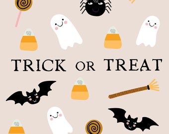 May include: A colorful illustration with a Halloween theme. The image features ghosts, bats, spiders, candy corn, lollipops, and broomsticks. The text "TRICK OR TREAT" is written in black letters.