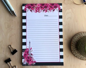 Paris | Spring | Full bloom | Notepad | Eiffel Tower | France | Pink | Black | Floral | Stationery | Office | Gift | 5.5x8.5