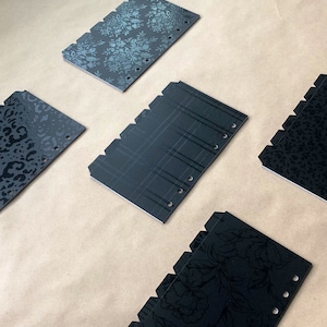 Personal Size Classy | Elegant | Noir | Black on Black Divider Set | Glossy Finish | Mixed Patterns | Planner/Binder Inserts (6 divider set)
