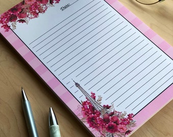 Paris in Spring | Full bloom | Notepad | Eiffel Tower | France | Pink | Floral | Stationery | Office | Gift | 70# text Paper | 5.5x8.5 |