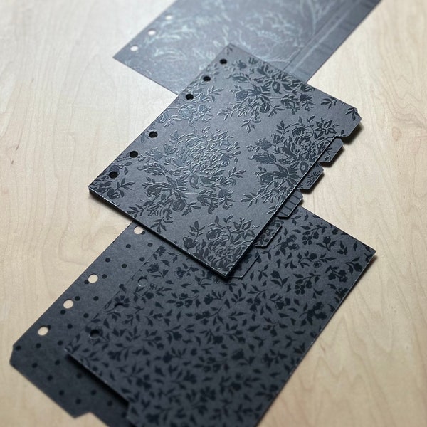 Noir Floral Planner Dividers, UV Textured, Side & Top/Bottom Tabs Available in True A6, Pocket, Personal and A5 size.