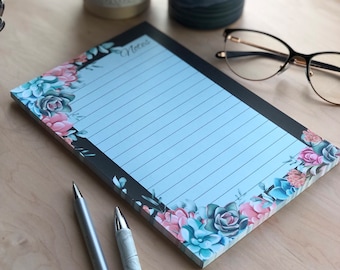 Succulents | Spring | Full bloom | Notepad pastel | Black | Floral | Stationery | Office | Gift | 5.5x8.5