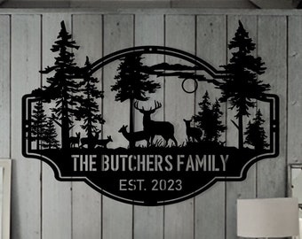 Last Name Signs for Home,Deer Forest Custom Metal Name Signs Personalized,Metal Outdoor Signs,Deer Hunter Sign,Metal Camping Sign Dad Gift