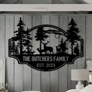 Last Name Signs for Home,Deer Forest Custom Metal Name Signs Personalized,Metal Outdoor Signs,Deer Hunter Sign,Metal Camping Sign Dad Gift