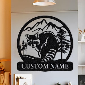 Personalized Raccoon Metal Sign: Pine Tree Cabin Decor