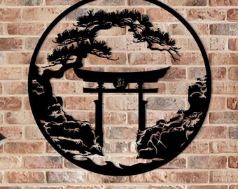Japanese Tori Gate Metal Art: Bonsai Tree Wall Decor