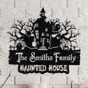 Personalized Personalized Haunted House Metal Sign Haunted Mansion with Ghost Halloween Silhouette Halloween Entryway Decor Halloween Gift