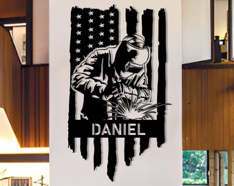 Personalized Welder Metal Sign: US Flag Garage Decor