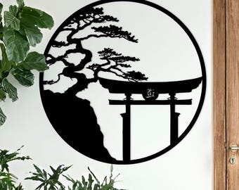 Japanese Metal Art: Tori Gate Bonsai Tree Wall Decor