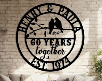 Personalized 60th Anniversary Lovebirds Metal Wall Art Sign