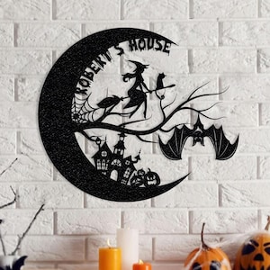 Personalized Witch on Broomstick and Bat Metal Wall Art Moon and Witch Sign Halloween Metal Sign Halloween Entryway Decor Halloween Gift