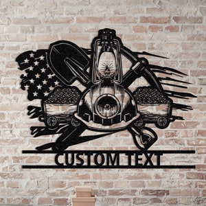 Arte de parede de metal com bandeira dos EUA sobre mineração de carvão: decoração personalizada para caverna do homem