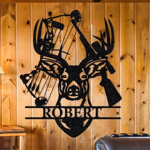 Personalized Deer Hunter Metal Sign: Bow & Rifle Cabin Decor