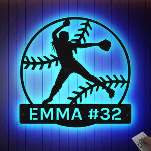 Custom Softball Pitcher Metal Wall Art with LED Lights: Dorm Room Decor
