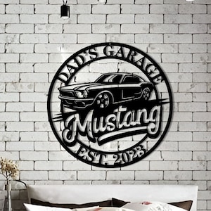 Gepersonaliseerde hangend garagebord staal metaal, Mustang cadeau, Mustang kunst aan de muur, auto kunst aan de muur, Mustang garage, bord aangepaste garage, Vaderdagcadeau