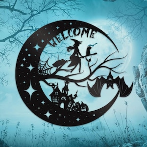 Personalized Witch on Broomstick and Bat Metal Wall Art With Led Moon and Witch Sign Halloween Metal Sign,Fall,Autumn,Welcome Halloween Gift