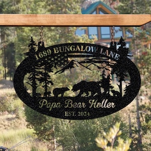 Personalized Family Bear Cabin Sign: Rustic Metal Outdoor Decor