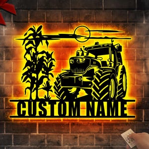 Personalized Tractor Metal Wall Art with LED Light - Custom Farmhouse Decor