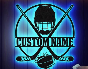 Personalized Hockey Player LED Sign: Metal Sports Room Decor