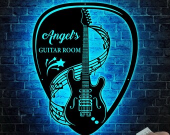 Custom Guitarist Name Sign with Led Lights, Guitar Room Metal Wall Art, Acoustic Guitar Sign, Music Studio Decor, Gift for Guitar Player