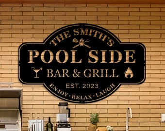 Letrero metálico personalizado para bar y parrilla junto a la piscina, bar tiki, oasis en la piscina, letrero personalizado para bar de piscina.