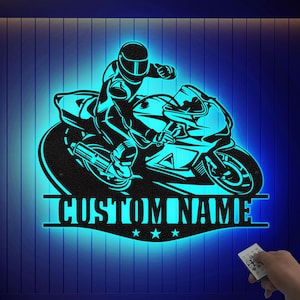 Personalized LED Motorcycle Garage Sign: Custom Biker Name, Metal Art