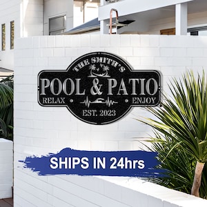 Personalized Pool & Patio Metal Sign: Custom Family Name Decor