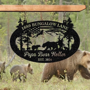 Cartello personalizzato per cabina con orso di famiglia, cartello personalizzato per orso in metallo nella natura selvaggia della foresta, decorazione per cabina, decorazione per orso all'aperto, cartello rustico per orso in cabina, regalo