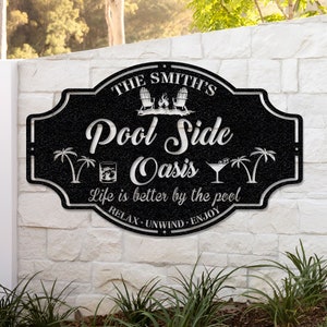 Personalized Family Pool Sign: Poolside Oasis Metal Art - Custom Tiki Bar Decor