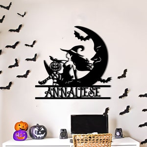 Personalize Family Witch and Moon Welcome Sign Halloween Decor,Witch Sign, Halloween Door Hanger,Fall Decor,Fall Wreath,Halloween Sign