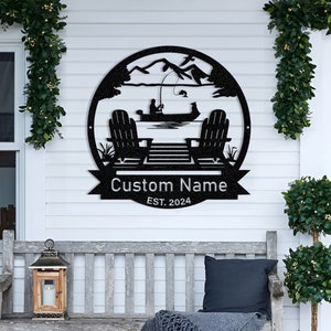 Personalized Lake House Metal Sign: Fishing Monogram, Outdoor Decor