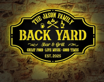 Personalized Backyard Bar & Grill Metal Sign with LED Lights