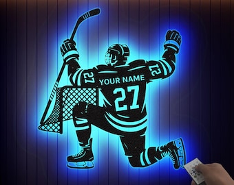 Personalized Ice Hockey Metal Wall Art with LED Light: Custom Name Sign