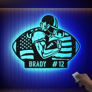 Placa de futebol personalizada em metal com luzes LED - Nome do time personalizado - Decoração esportiva