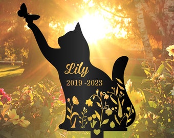 Personalized Cat Memorial Stake,Metal Stake,Cat Loss,Sympathy Sign,Pet Grave Markers,Remembrance Stake,Metal Cat with Butterfly,Flower Cat