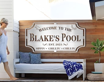 Letrero de piscina personalizado con nombre de familia: decoración de patio exterior de metal