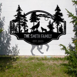 Custom Last Name Wolf Metal Sign: Ranch Cabin Decor