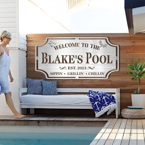 Personalized Family Name Pool Sign: Metal Outdoor Patio Decor