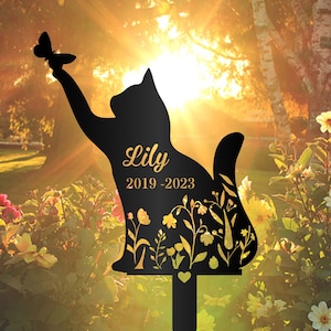 Personalized Cat Memorial Stake,Metal Stake,Cat Loss,Sympathy Sign,Pet Grave Markers,Remembrance Stake,Metal Cat with Butterfly,Flower Cat