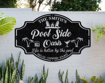 Personalized Family Poolside Oasis Sign,Swimming Pool Metal Sign,Custom Pool Sign,Tiki Bar,Pool signs for Outdoor,Sign for Pool,Patio Decor