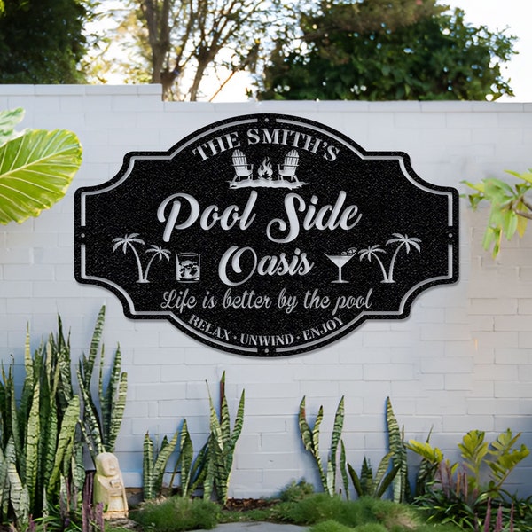 Personalized Family Poolside Oasis Sign,Swimming Pool Metal Sign,Custom Pool Sign,Tiki Bar,Pool signs for Outdoor,Sign for Pool,Patio Decor