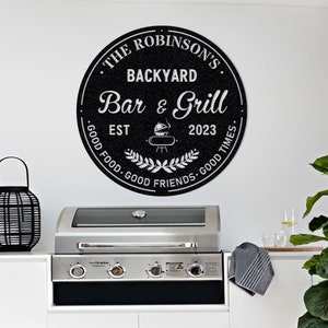 Custom Backyard Bar & Grill Metal Sign: Personalized Family Name Wall Art
