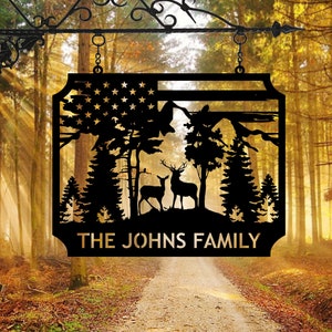 Personalized Deer Family Name Metal Sign: American Flag Cabin Decor