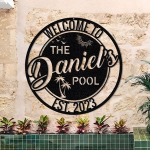 Personalized Family Name Pool Sign: Metal Outdoor Patio Decor