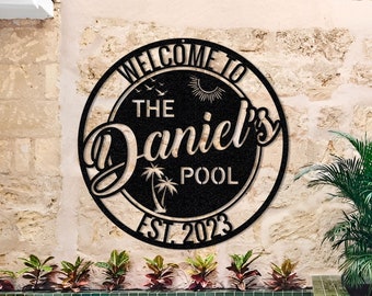 Letrero de piscina personalizado con nombre de familia: decoración de patio exterior de metal