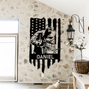 Personalize Construction Welder Sign,Welding Metal Sign,Garage Decor,US Flag Sign,Personalized Welder Wall art,Gift for Welder,Welder Gifts