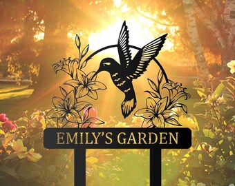 Personalized Hummingbird Garden Stake: Metal Name Sign, Yard Art
